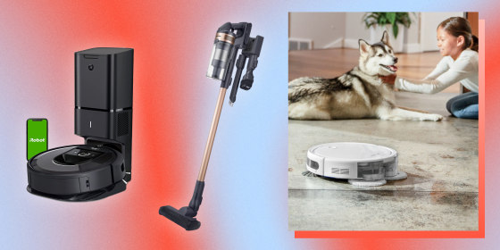 Illustration of a girl and her dog by a robot vacuum, the iRobot Roomba i7+ Robot Vacuum and Samsung Jet 60 Flex Cordless Stick Vacuum Cleaner