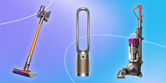 Illustration of the Dyson Purifier Cool Formaldehyde(TM) TP09 purifying fan, Dyson V8 and the Dyson Ball Multi Floor Vacuum Cleaner