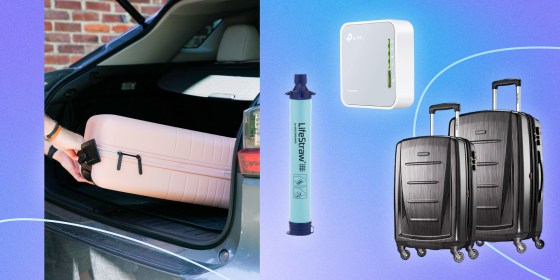 Illustration of a suitcase going into a trunk, LifeStraw, Suitcases and a TTP-Link AC750