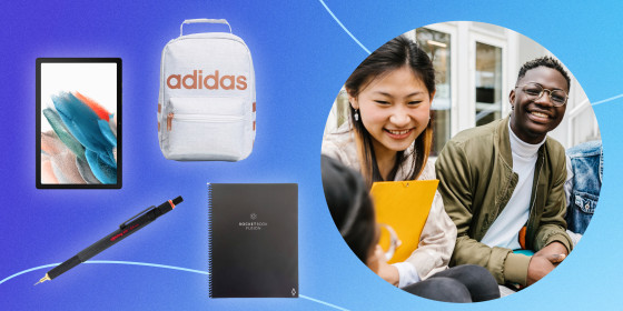 Illustration of kids sitting outside school and different back to school products