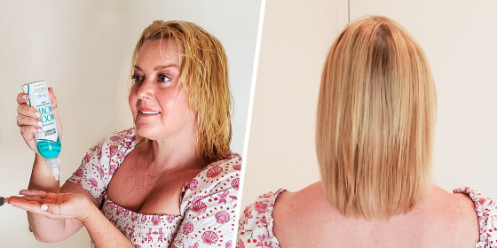 Two images of a before and after using Not Your Mother's Hair Rinse