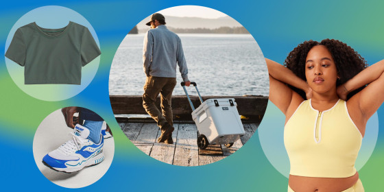 Saucony 3D GRID HURRICANE sneaker, Woman wearing workout top from Girlfriend Collective, Yeti Cooler and a top from the Aerie collection