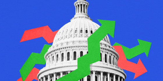 Photo illustration: Red and green arrows going above and behind the Capitol dome.