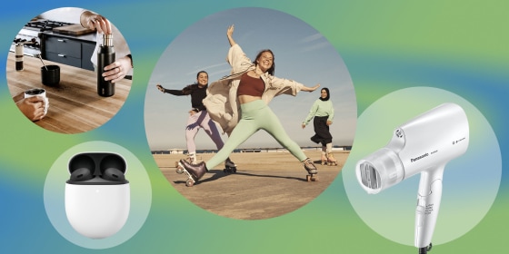 Illustration of a cold brew filter, three woman wearing H&M, Google Pixel buds and the Panasonic Nanoe Travel Hair Dryer