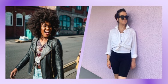 Woman wearing Baleaf High-Waist Biker Yoga Shorts and a stylish woman in a jean jacket