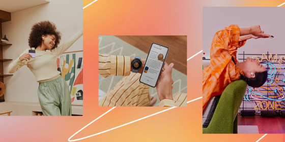 Three images of the people with Samsung ear buds and Samsung galaxy watch