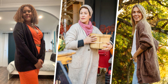 Three images of Women wearing different colors and styles of cardigans