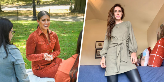 Split image of two women wearing fall dresses