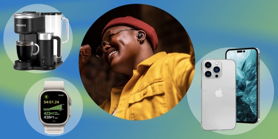 Woman with Bose headphones, Apple Watch and iPhone 14 and the new Keurig