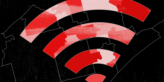 Illustration: Wireless network icon is divided along the lines on a map.