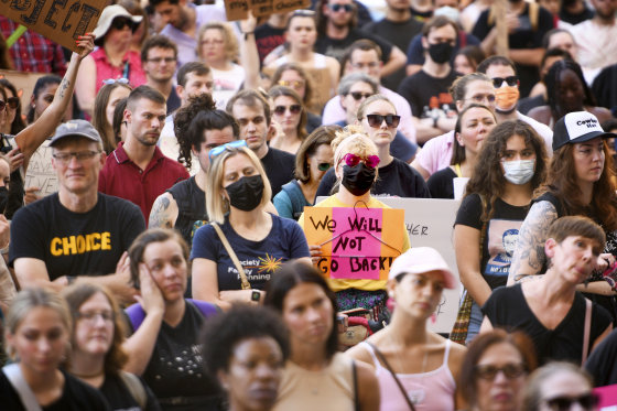 Protesters express their anger over the Supreme Court's decision to overturn Roe v. Wade in downtown Pittsburgh on June 24.