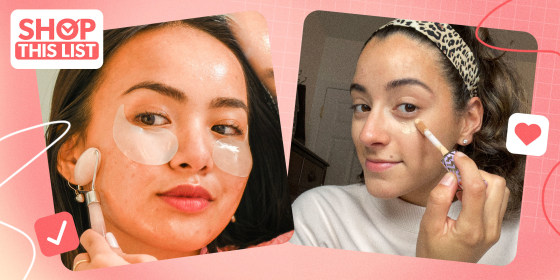 Woman with eye mask and Woman putting on concealer
