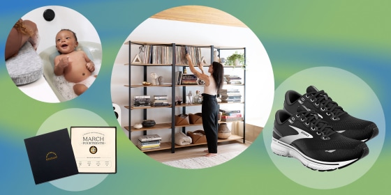 Gold pendants, Lalo Bath Collection, Ghost 15 shoe from Brooks and The Cannon Collection