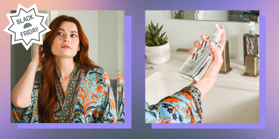 Woman touching her hair while looking in the mirror and a bottle of Color Wow Spray