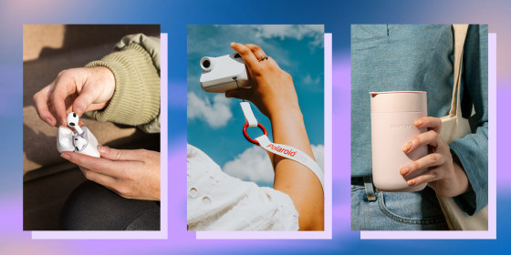 Woman holding AirPods, holding a polaroid and a woman holding a pink to-go cup