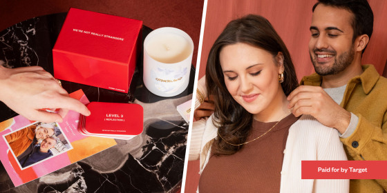 Man putting on a necklace on a woman and an overhead of a card game