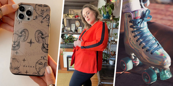 Woman with a red blazer and a phone case