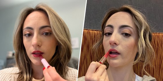 Split image of two different shades of the Tarte maracuja oil lippies