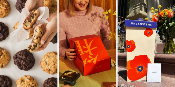 Cookies, Urban Stems box and a red box from Bokksu Classic Gift Box