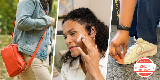 Image of a Woman with a crossbody bag, a sneaker being cleaned and a Woman wiping cream across her face