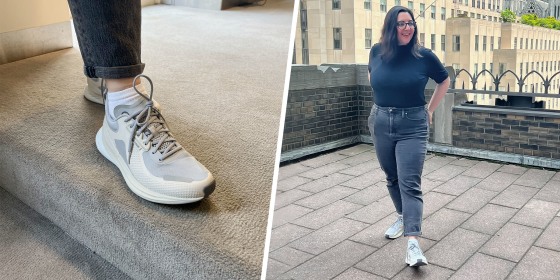 Split image of a close up and fill length shot of a Woman wearing the new Lululemon sneaker