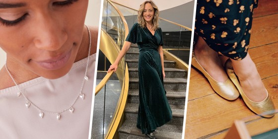 FitFlop Allegro Leather Ballerinas Flats, a Women wearing a green formal dress and pearl hearts drop necklace