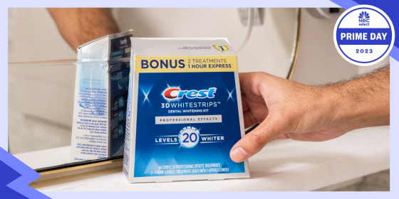 These nonslip strips use hydrogen peroxide gel for at-home teeth-whitening.