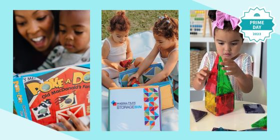 Three images of two little girls playing, a little girl playing with blocks and a Mom and her son reading a book