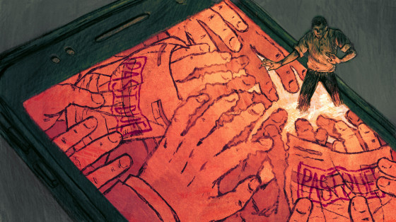 Illustration of a person wading into a phone where hands holding overdue bills reach to grab the person.