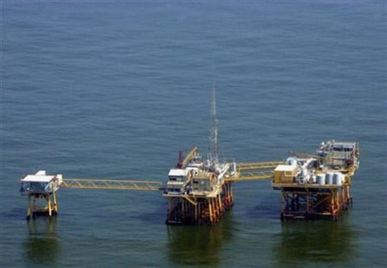 There may be more Gulf of Mexico oil rigs like this one seen off the coast of Louisiana after the U.S. Congress on Saturday sent President Bush legislation opening up millions of acres for drilling.