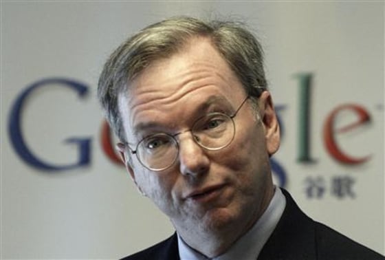 Google Chief Executive Eric Schmidt attends a news conference in Beijing Monday. Google, the world's leading search engine, said on Monday it was concerned about the free flow of information on the Internet if Microsoft Corp. were to succeed in acquiring Yahoo Inc.