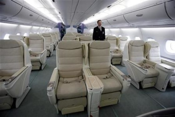 View of business class seating inside the Airbus A380 at JFK International Airport in New York