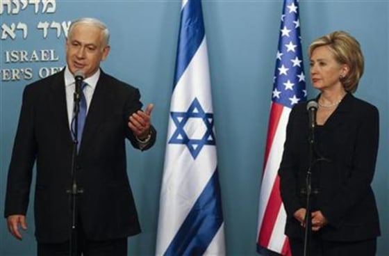 Israel's Prime Minister Netanyahu speaks during a joint news conference with Secretary of State Clinton in Jerusalem