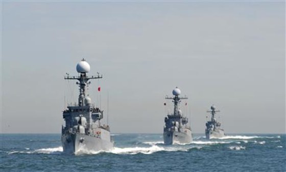 South Korean Navy patrol combat corvettes stage an anti-submarine exercise off the western coast of Taean