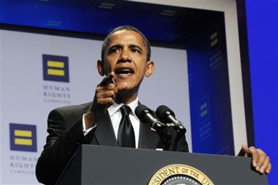 Obama makes a point as he delivers remarks at the Human Rights Campaign's annual dinner in Washington