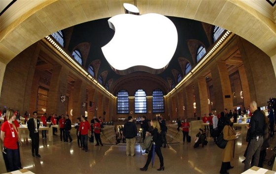 File photo of the Apple Inc. logo hanging inside the newest Apple Store in New York City's Grand Central Station