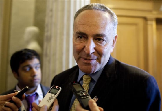 Senator Schumer (D-NY) speaks to the media before voting on a bill allowing a rise in the debt ceiling on Capitol Hill