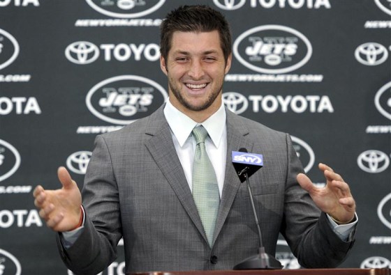 New York Jets quarterback Tebow speaks at a news conference introducing him as a Jets at the team's training center in Florham Park