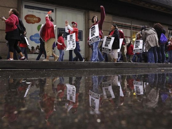 Chicago Teachers Union members strike outside the Chicago Public Schools headquarters in Chicago