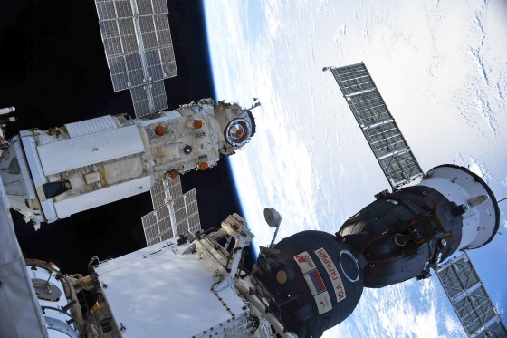 The Nauka Multipurpose Laboratory Module, left, is docked to the International Space Station next to the Soyuz MS-18 spacecraft on July 29, 2021.