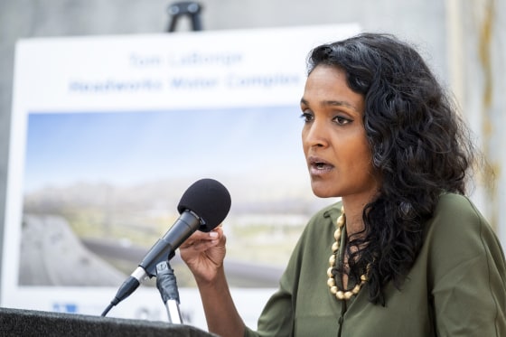Councilmember Nithya Raman speaks in Los Angeles on July 14, 2021.