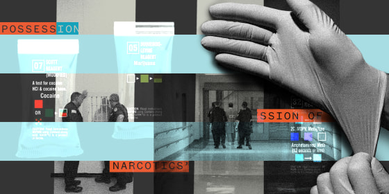 Photo illustration: Image of a hand wearing nitrile gloves over scenes from a correctional unit, two correctional officers standing next to the pharmacy and officers taking an inmate in handcuffs. Packets of drug testing kits are juxtaposed over the image