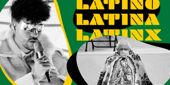 Illustration of Bad Bunny, "Latino, Latina, Latinx," and Sen. Bernie Sanders in a Virgin Mary poncho.