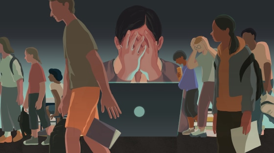 Illustration of a teacher with her head in her hands as students walk away looking discouraged.