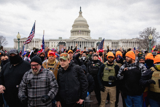 Image: Members of the Proud Boys march near the Capitol on Jan. 6, 2021.