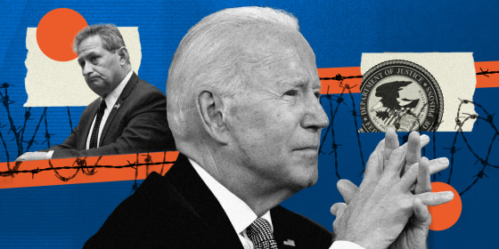 Photo illustration: and Joe Biden looking to the right with Michael Carvajal looking to the left along with orange strips with barbed wire in the background.