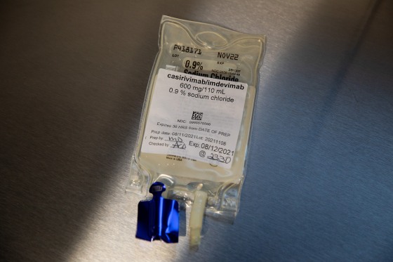 Image: An intravenous bag used to administer the Regen-Cov monoclonal antibody treatment.