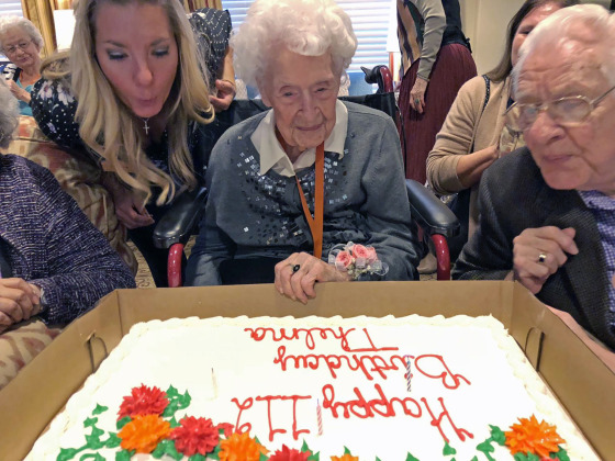 Thelma Sutcliffe celebrates a birthday in October 2019 in Omaha, Neb. She died on Monday at the age of 115 and 108 days.