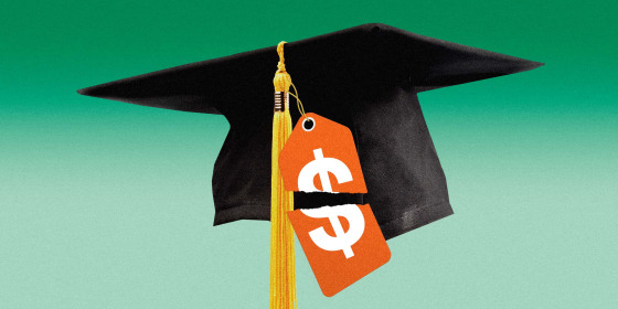Photo illustration of a graduation cap with a slashed price tag hanging from it.