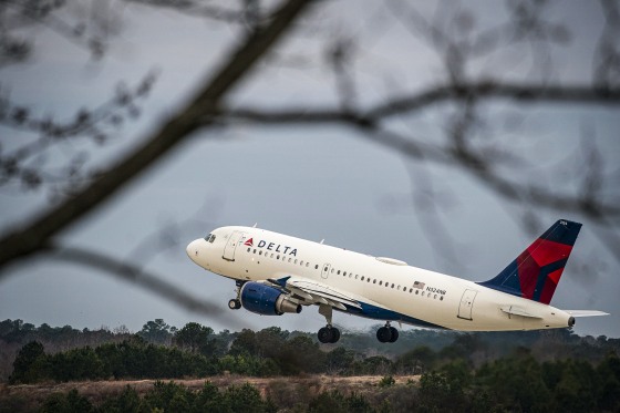 A Delta Airlines plane departs Raleigh-Durham International Airport (RDU) in Morrisville, N.C., on Jan. 20, 2022.